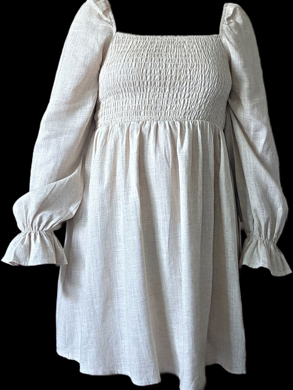 VICI linen blend mini dress smocked bodice long sleeves Beige